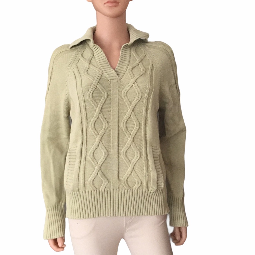 Vintage Orivs 100% Cotton Cable Sweater V Neck Green Size M